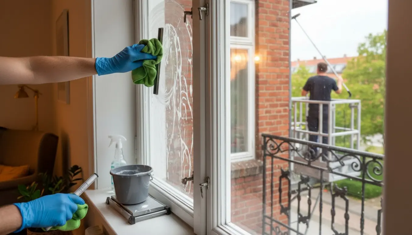 Nærbillede af hænder, der pudser en forsatsrude indvendigt, mens en pudser udenfor rengør ydersiden af en 2. sal lejlighed.