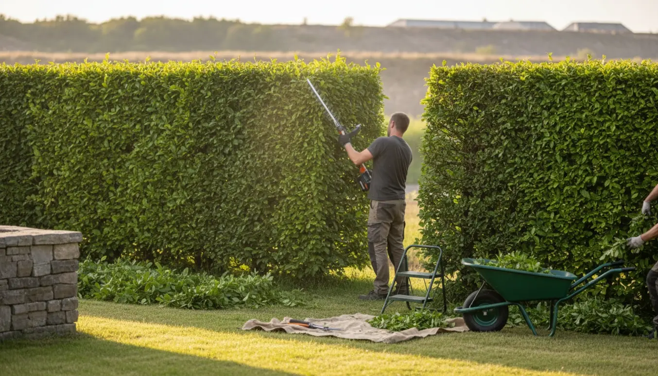 Beskåret hæk i Viborg med en landskabsarbejder i arbejde og bunker af hækafklip nær et udslagsområde.
