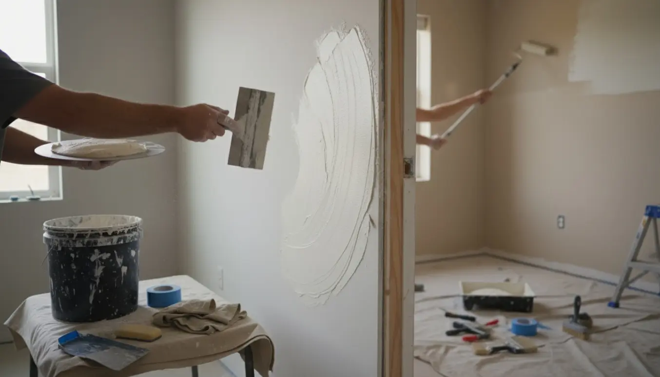 Hænder filte en gipsvæg med spartel, mens et nærliggende rum bliver malet med rulle.