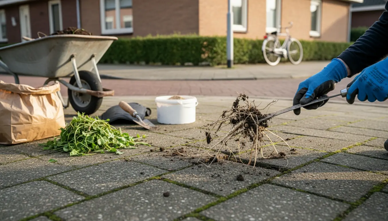 Nærbillede af fjernelse af ukrudt mellem fortovsfliser ved en hjørnegrund, med hænder og værktøj i fokus.