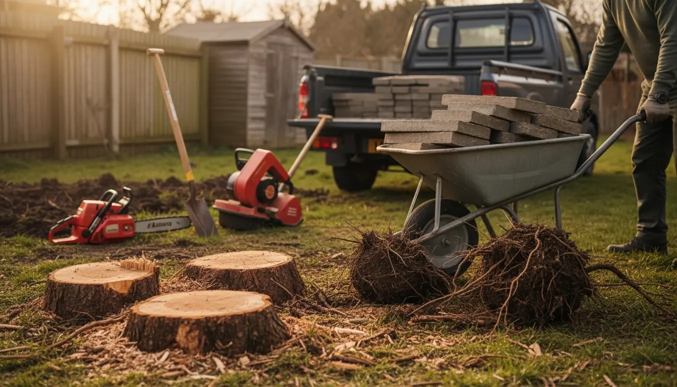 Havearbejde med fjernede træstubbe, to opgravede buske og en trillebør med stabile fliser klar til transport.