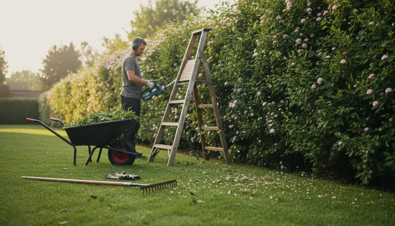 Lang spirea-hæk på cirka 180 cm bliver klippet med hækkeklipper, med stige og trillebør med afklip i haven.