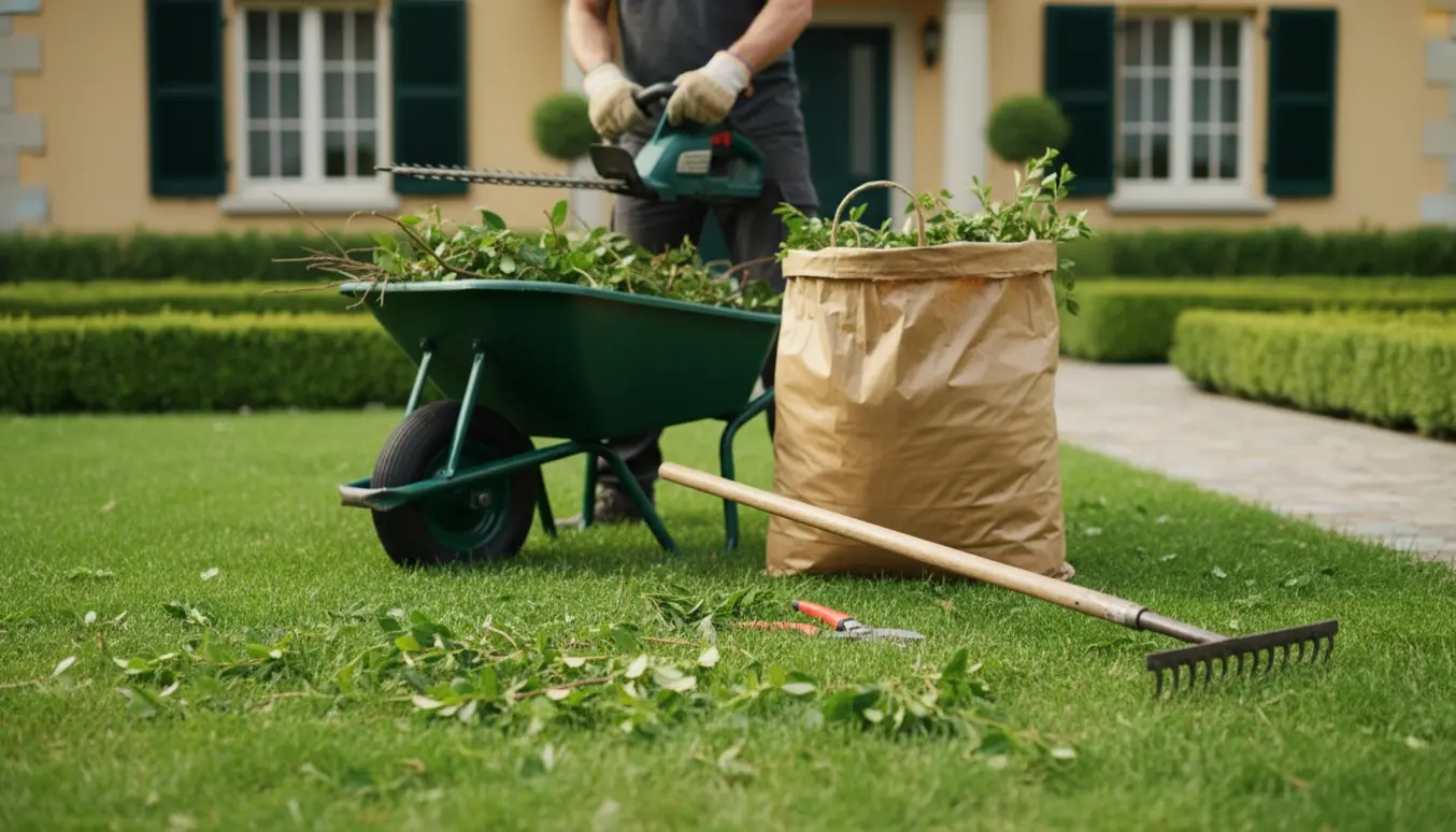 Hækkeklipning i en forhave med friskt opskårne klip, værktøj og en trillebør fyldt med grønt affald.
