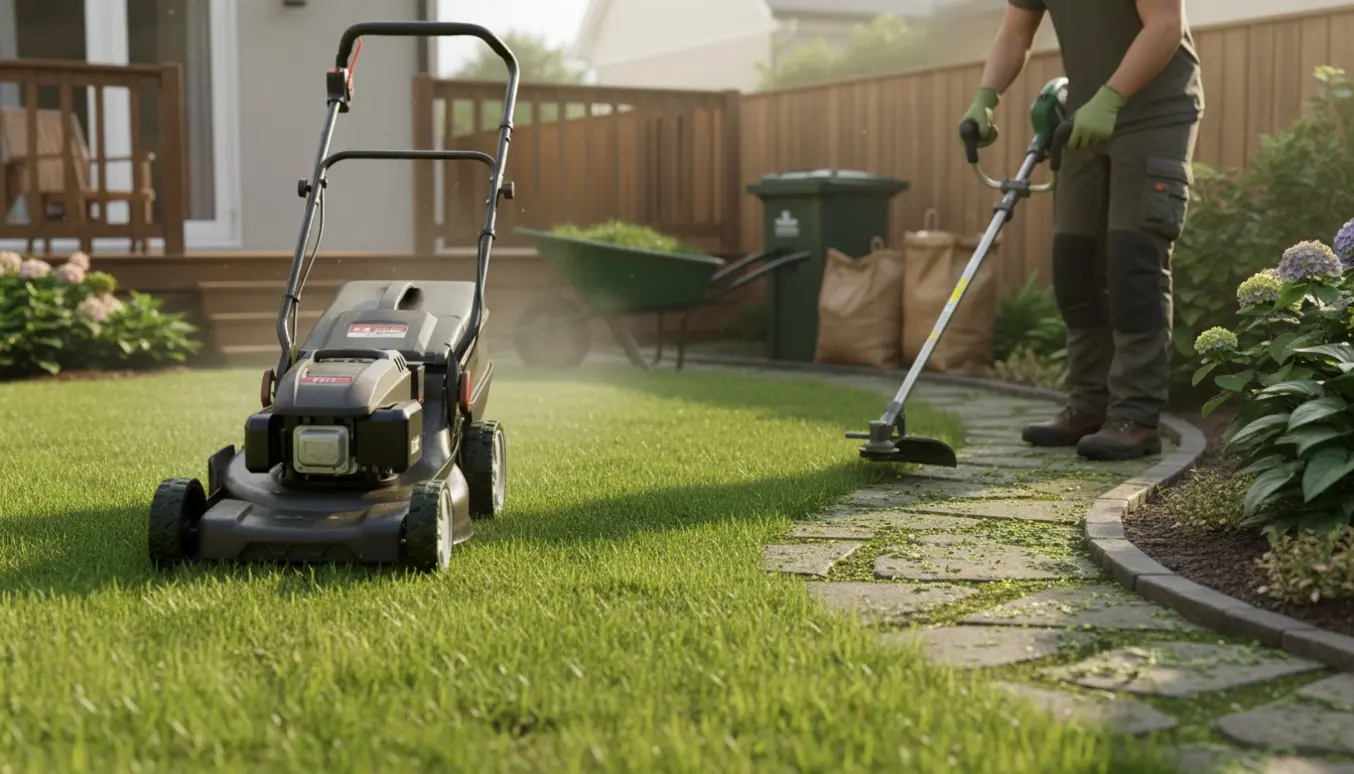 En lille baghave hvor græs bliver slået og kanter klippet med plæneklipper og trimmer, klar til afhentning af grønt affald.
