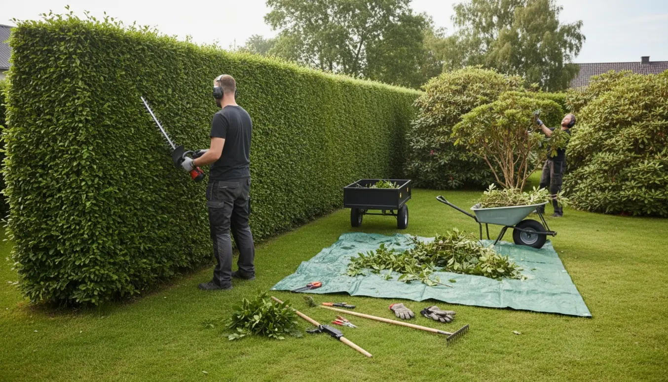 Gartner trimmer en 2,5 m høj bøgehæk og beskærer rhododendron-buske i en have i Lyngby.