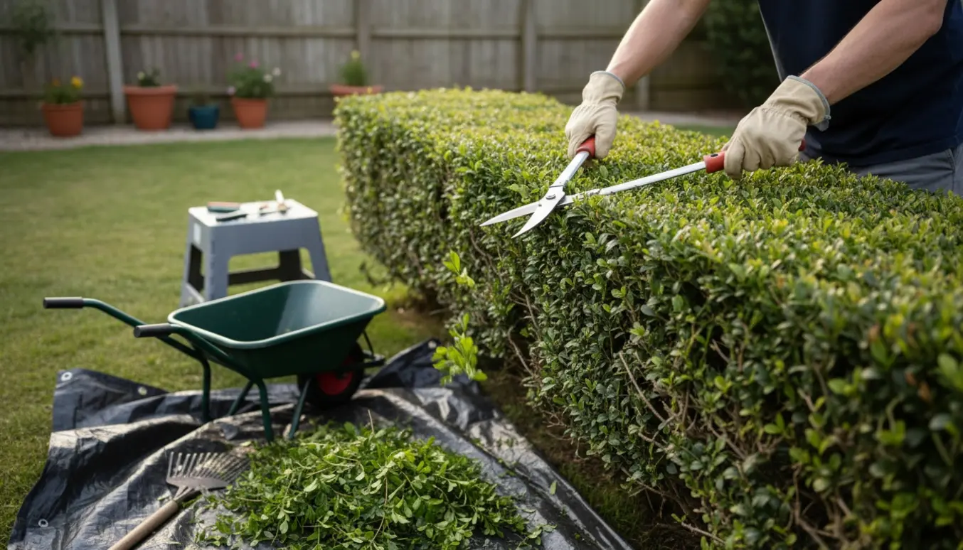 En person klipper en lille ligusterhæk med håndsakse i en solskinsfyldt baghave.