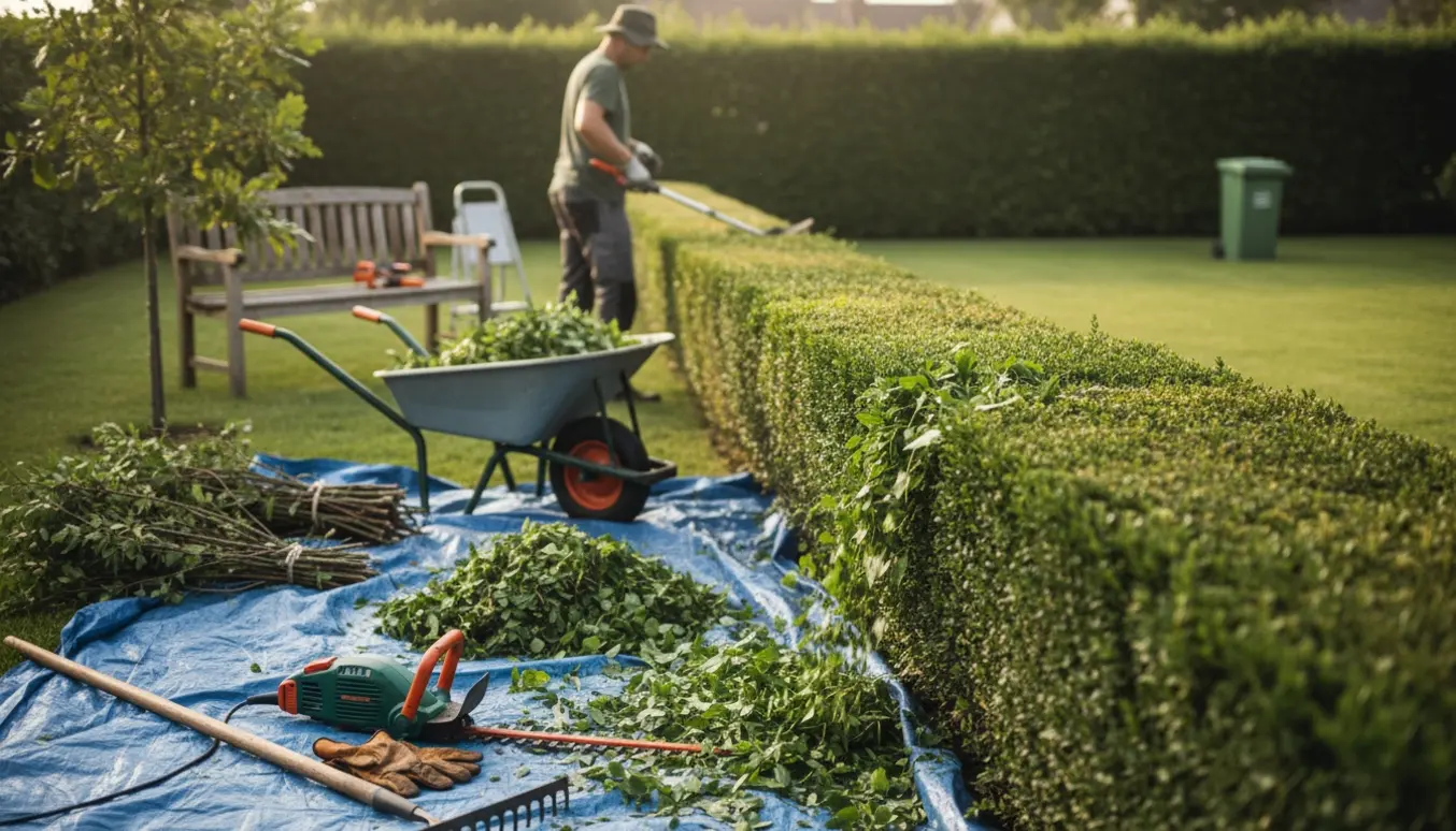 En person trimmer en lang hæk i en baghave med afklip i en trillebør og et lille egetræ i baggrunden.