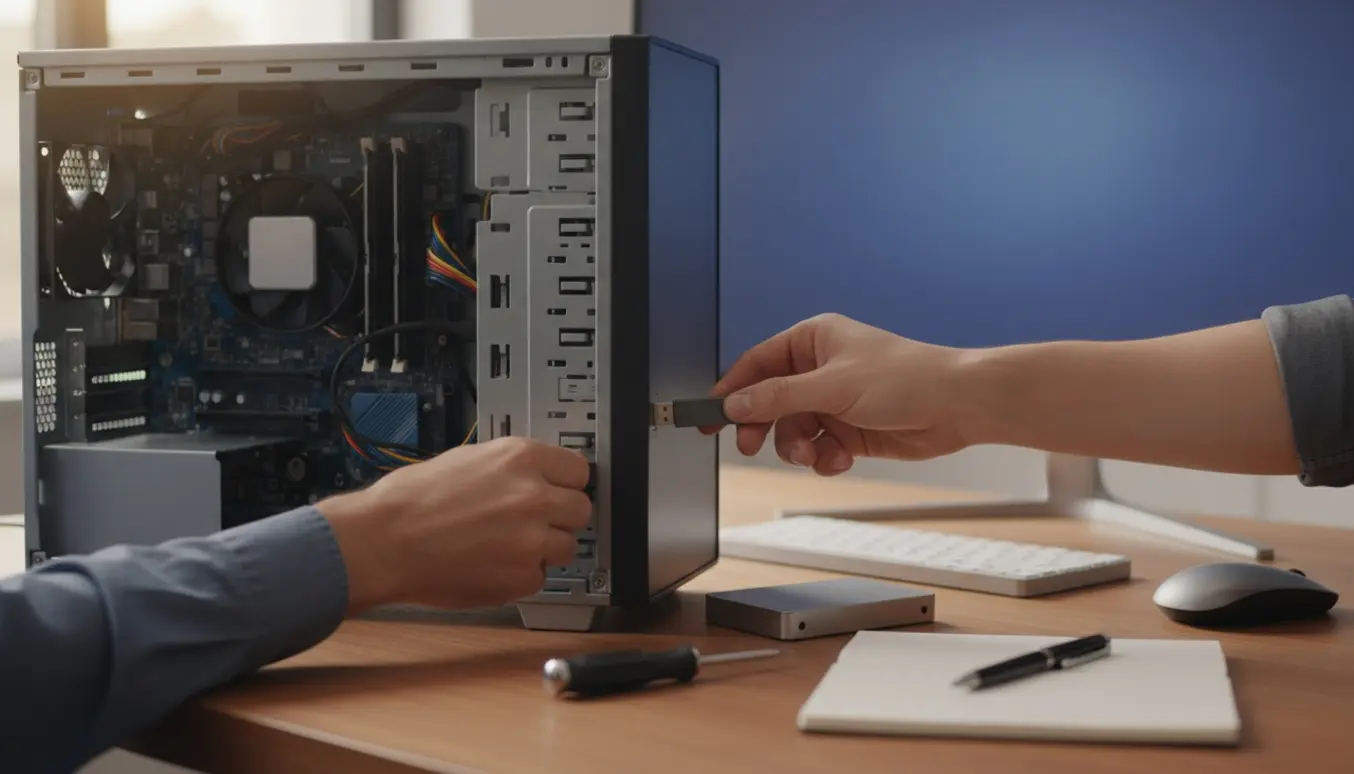 Hænder sætter et USB-installationsdrev i en LG-stationær pc med åben kabinetskåbe på et ryddeligt skrivebord.