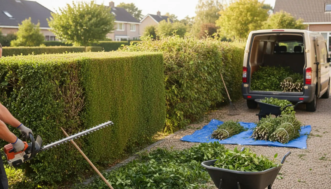 Lang hæk delvist nypudset med haveredskaber og åben varebil klar til bortkørsel.