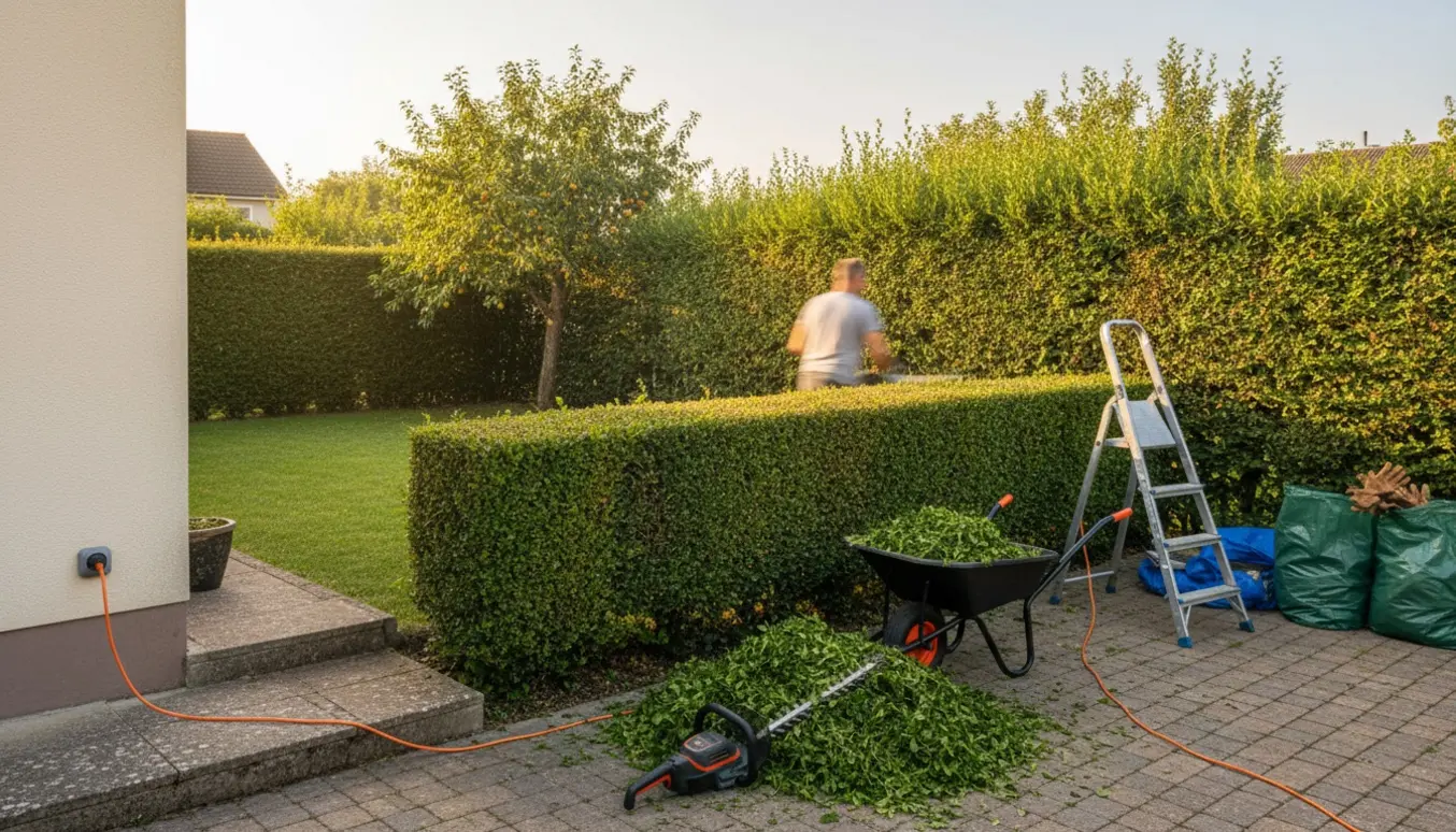 Baghave med hækkeklipning i gang: trillebør med afklip, elektrisk hækkeklipper og stige foran en delvist nyslået ligusterhæk ved en lille trappe.