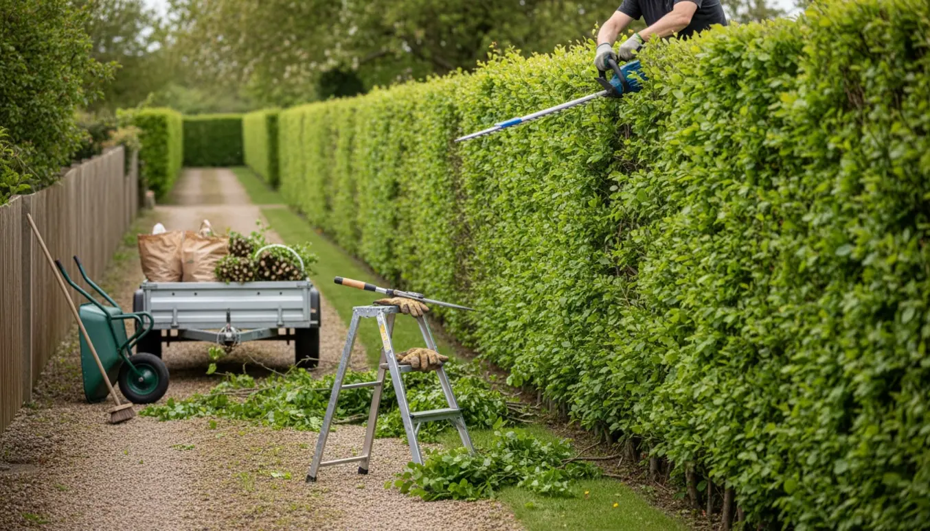 En 2 meter høj bøgehæk klippes med en langhækkeklipper, mens hækkeaffald samles i en trailer.