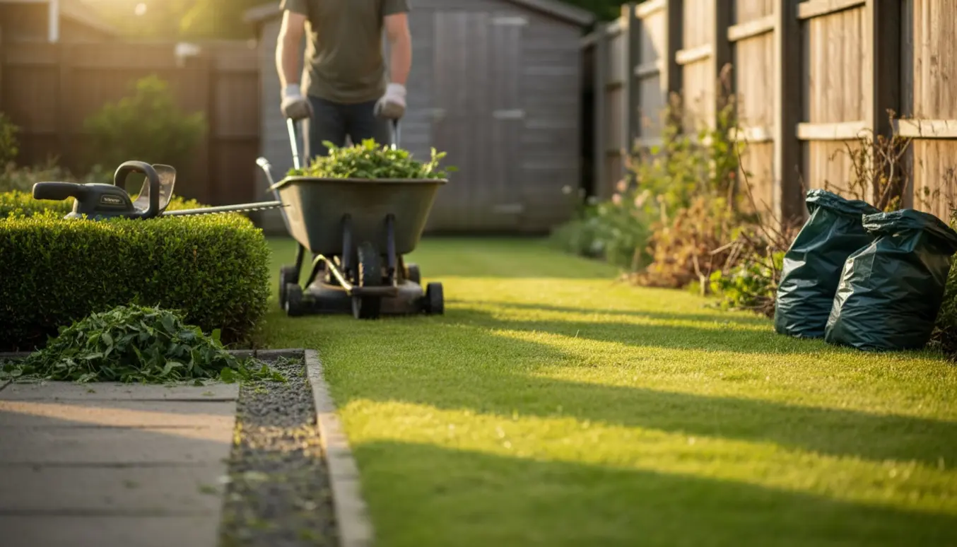 Nyslået græs med skarpe kanter, en trillebør fuld af grønt affald og hækkeklipper i en solbeskinnet forstadshave.