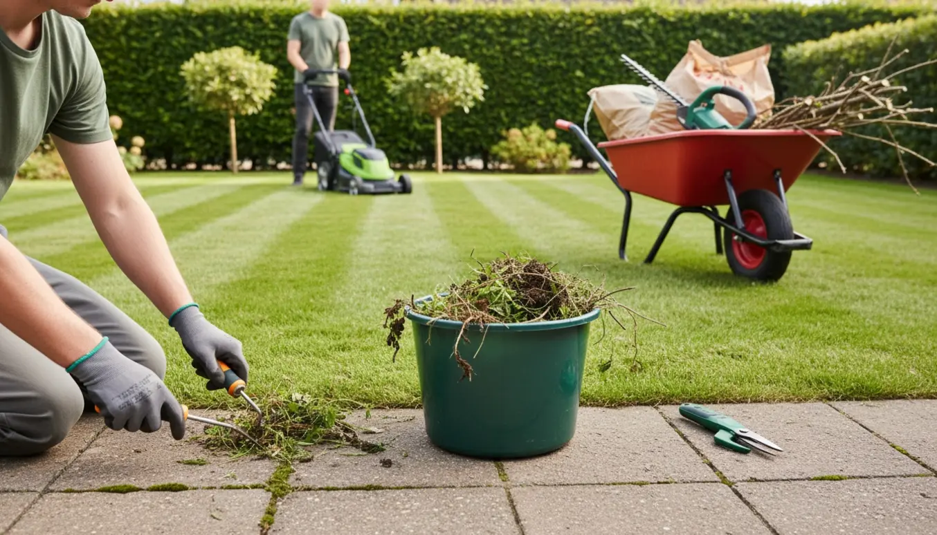En have under oprydning med klippet hæk, nyslået græs, fjernet ukrudt i fliser og haveredskaber klar til bortkørsel.