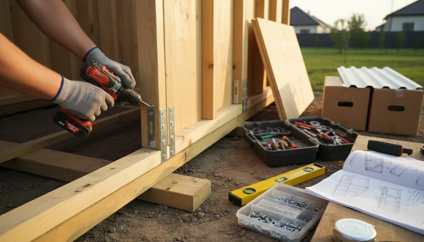 Halvfærdigt skur opført direkte på jorden uden fundament, med værktøj og hænder, der monterer en væg.