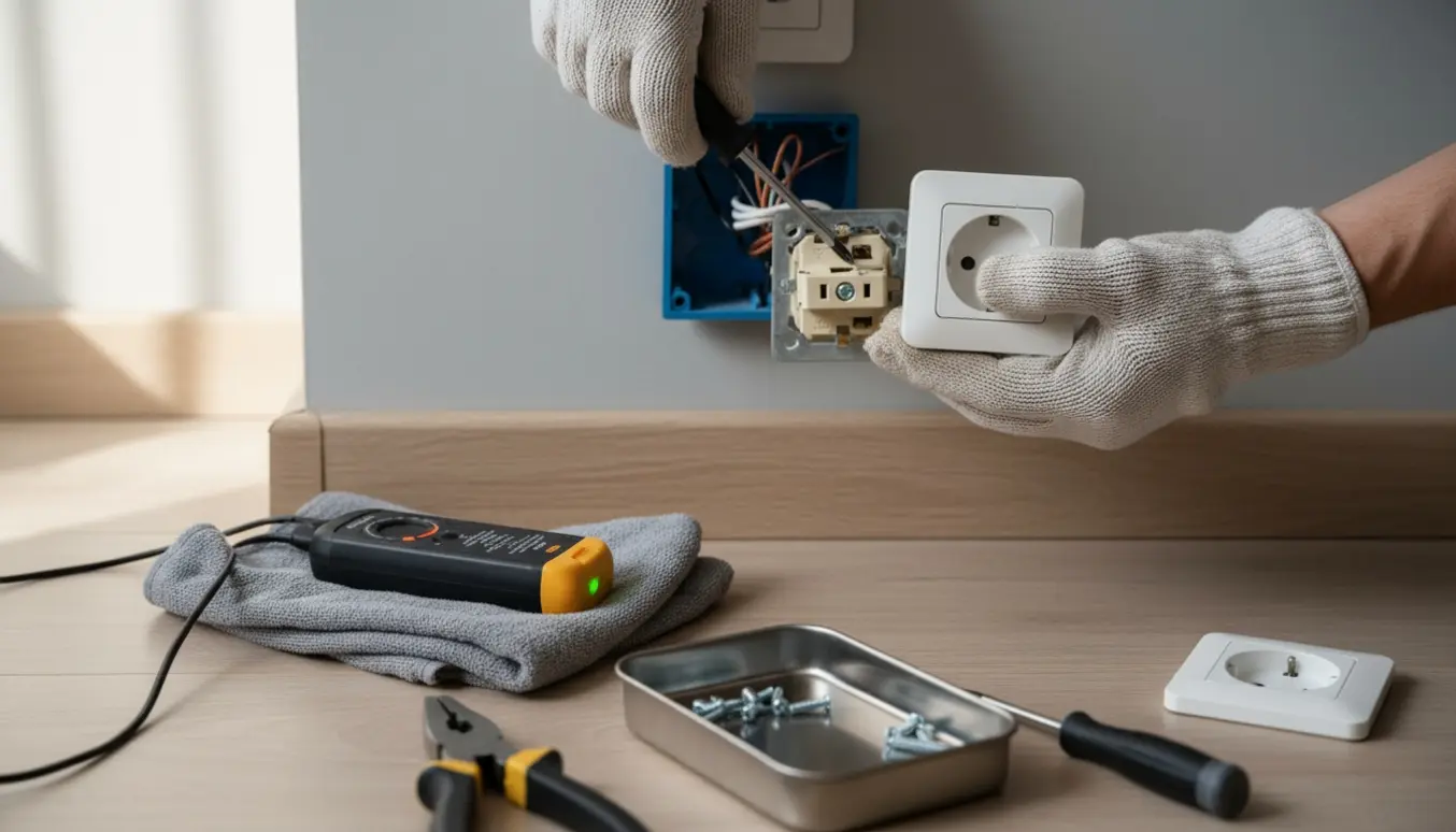 Nærbillede af hænder i isolerede handsker, der udskifter en vægstikkontakt med værktøj ved siden af.