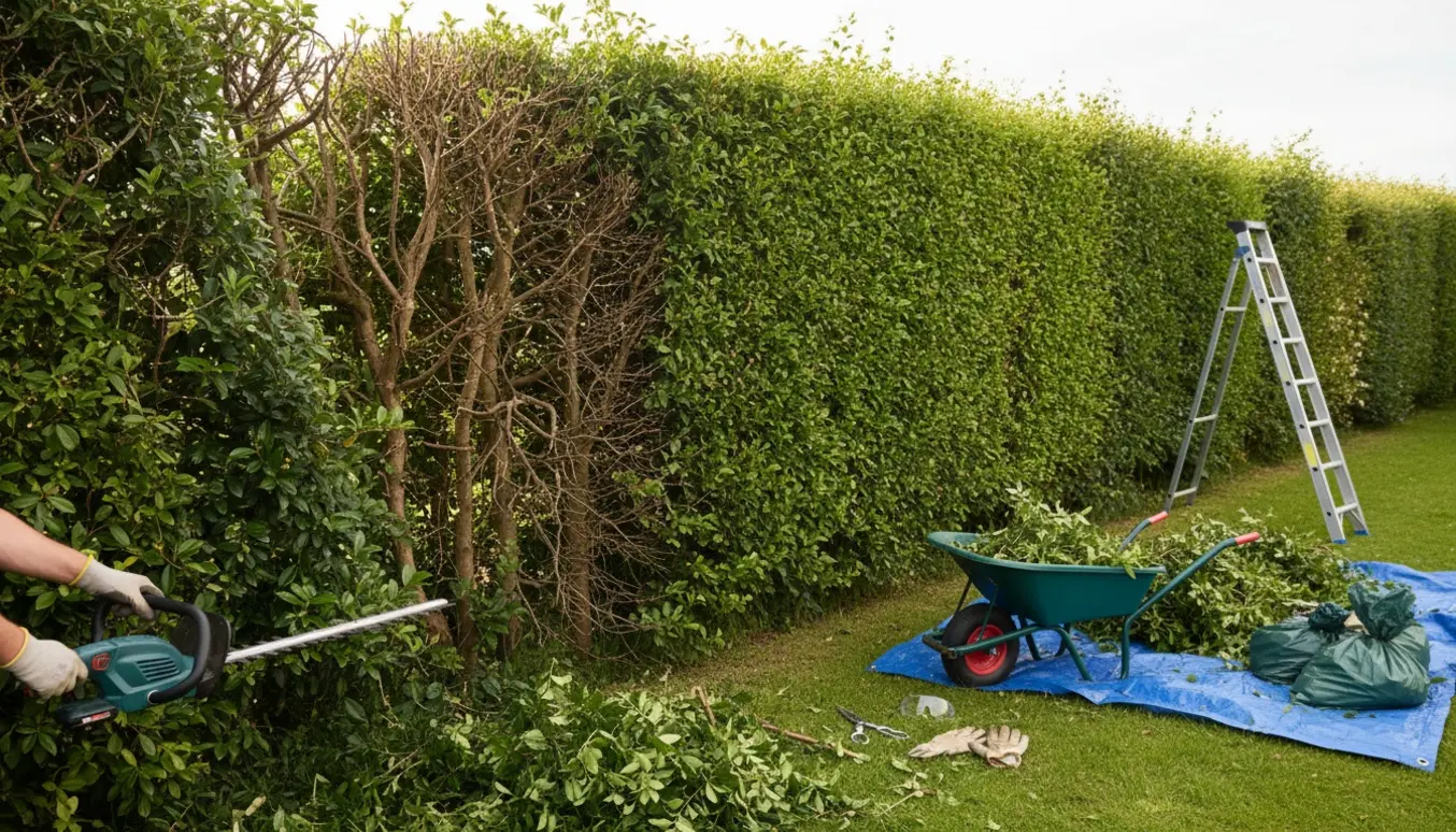 Hæk klippes på den ene side, med afklip samlet i trillebør og affaldssække.