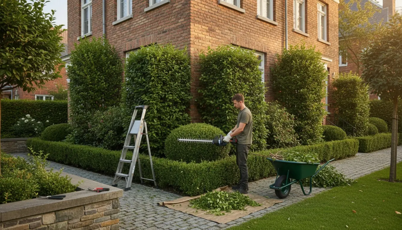Person set bagfra klipper veltrimmede hække på tre sider omkring et rækkehus, med afklip i en trillebør.