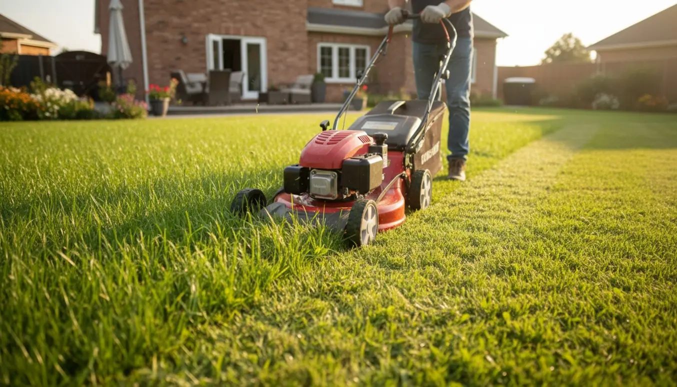 En plæneklipper skærer høj grøn græsplæne og efterlader en frisk, jævn stribe klar til fest.
