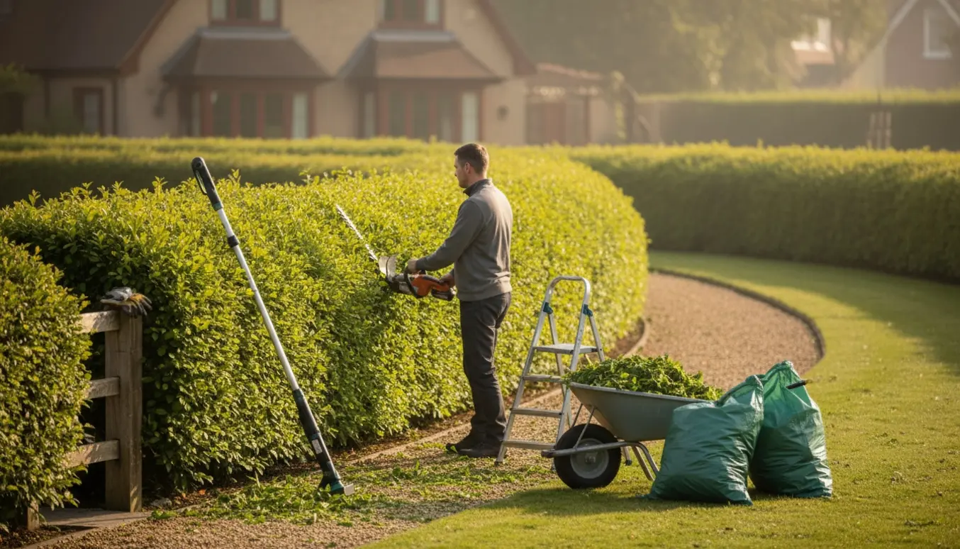 En haveejer trimmer en lang hæk langs grunden og samler afklip i en skubbevogn, ansigtet er ikke synligt.