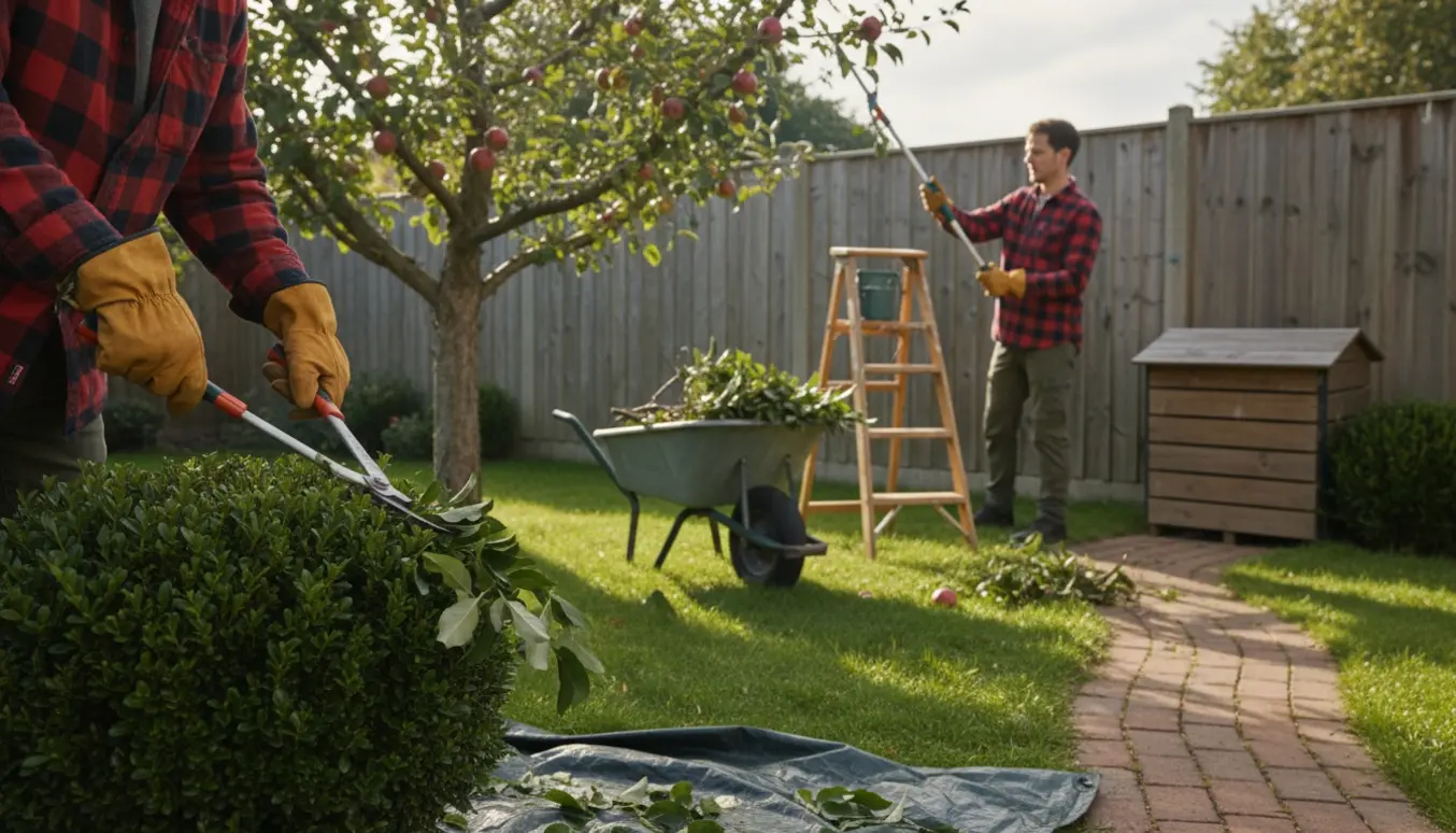 Person klipper en lille hæk og beskærer et æbletræ i en solbeskinnet parcelhushave med fokus på hænder og værktøj.