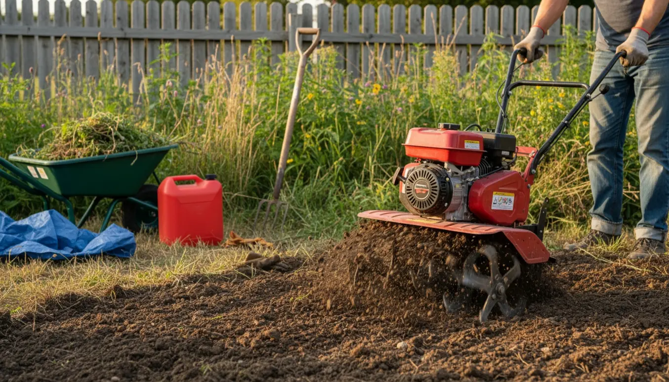 En fræser vender overgroet jord i haven med højt ukrudt i baggrunden og haveredskaber ved siden af.