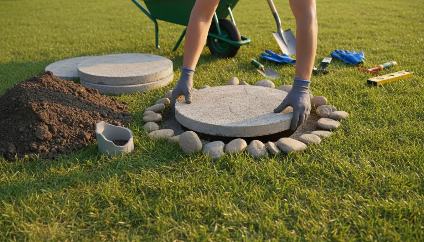 Hænder placerer et betondæksel i en udgravet brønd i græsplænen med sten som kant.