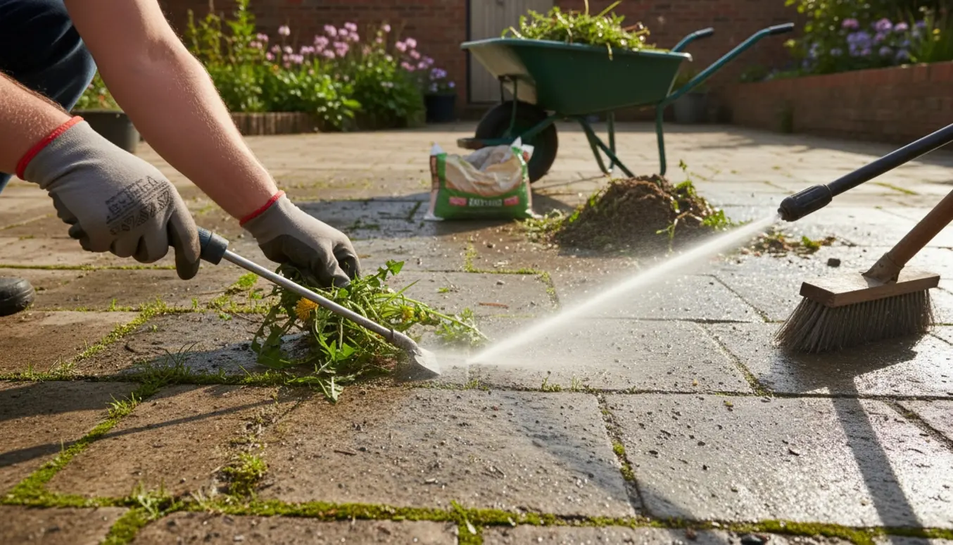 Hænder fjerner ukrudt fra flisefuger med skrappe redskaber, mens en ren stribe viser før-og-efter.