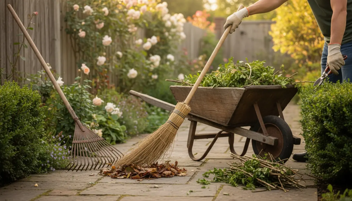 Hænder i handsker fejer blade og beskærer buske i en ældre have med haveredskaber.