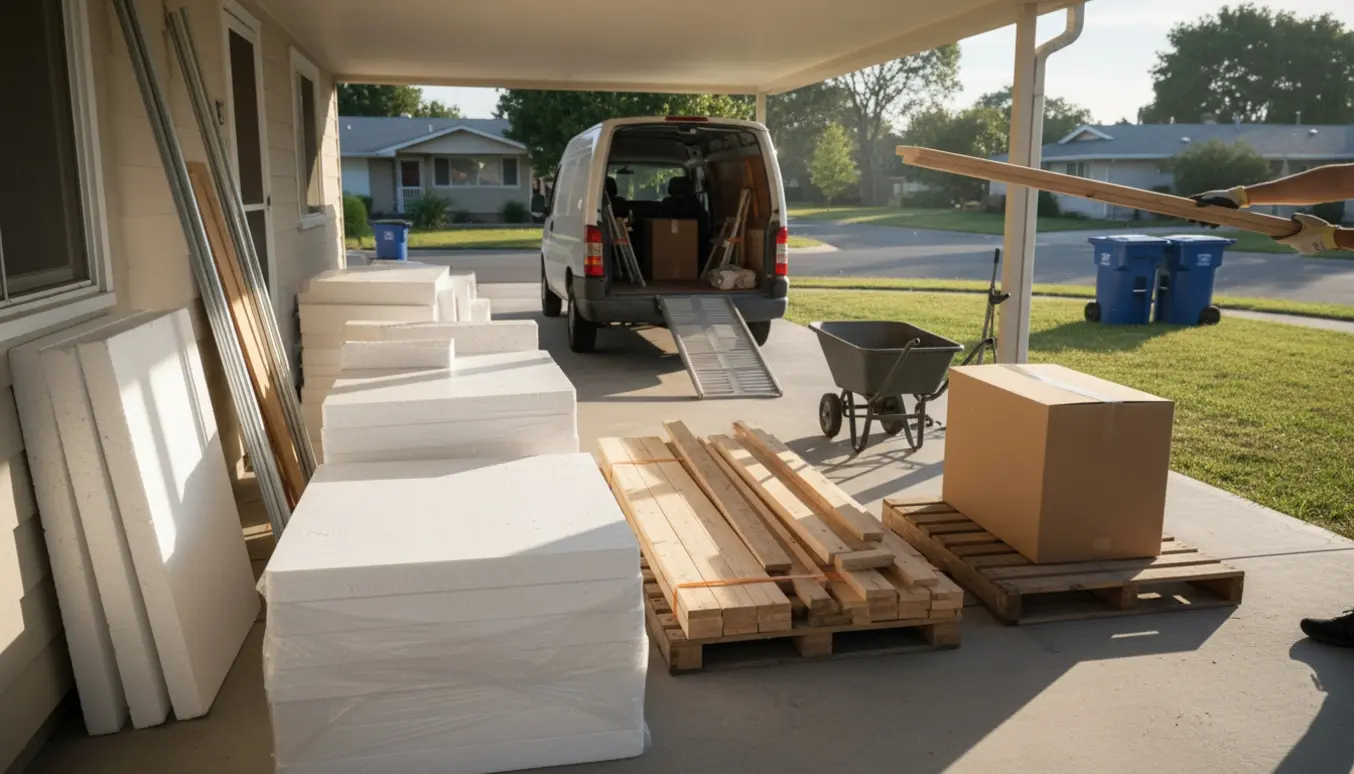 Carport med stakke af flamingo og træ klar til at blive kørt på genbrugsstationen.