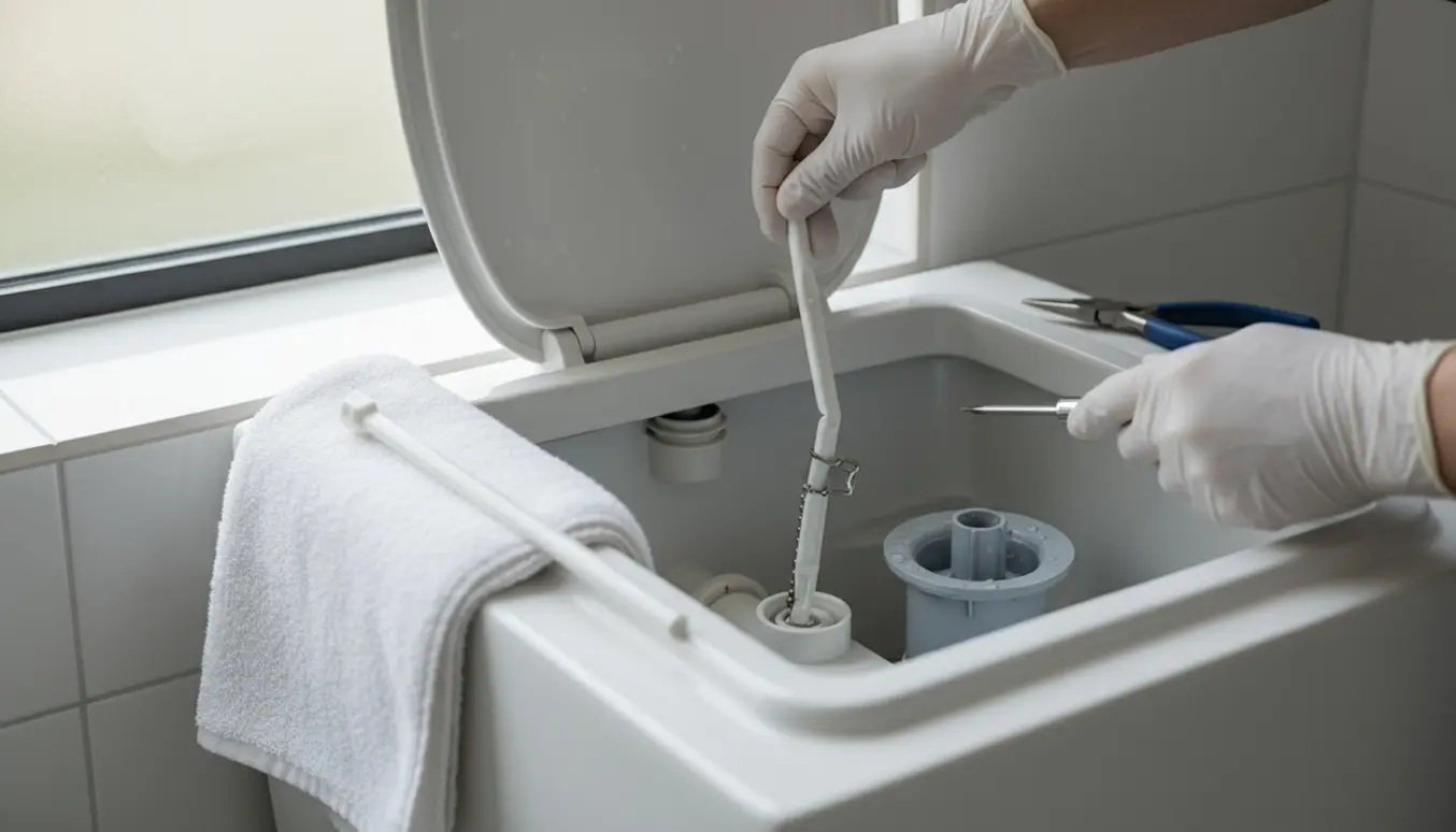 Åben toiletcisterne med en hånd, der justerer en løs skyllepind ved hjælp af en skruetrækker.