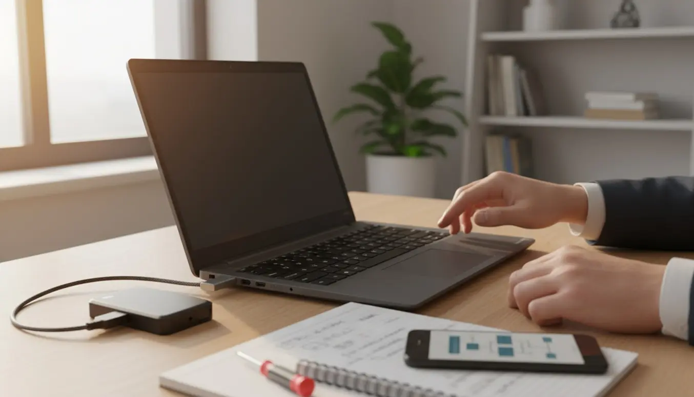 Hænder isætter en USB-nøgle i en sort bærbar computer på et ryddeligt skrivebord, klar til opstartshjælp.