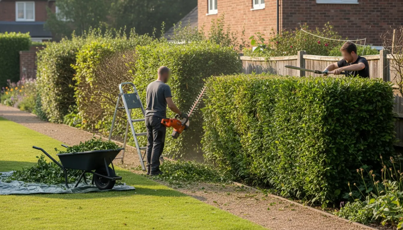 Lang ligusterhæk på cirka 2 m, hvor en havemand trimmer toppen og siderne med en elektrisk hækkeklipper.