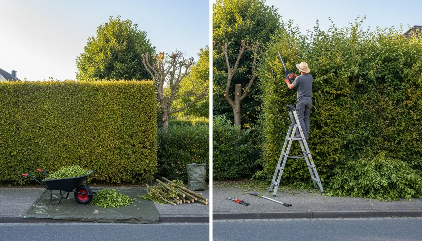 Gartner beskærer en høj bøgehæk og buske med trimmer, trillebør og redskaber ved fortovet.