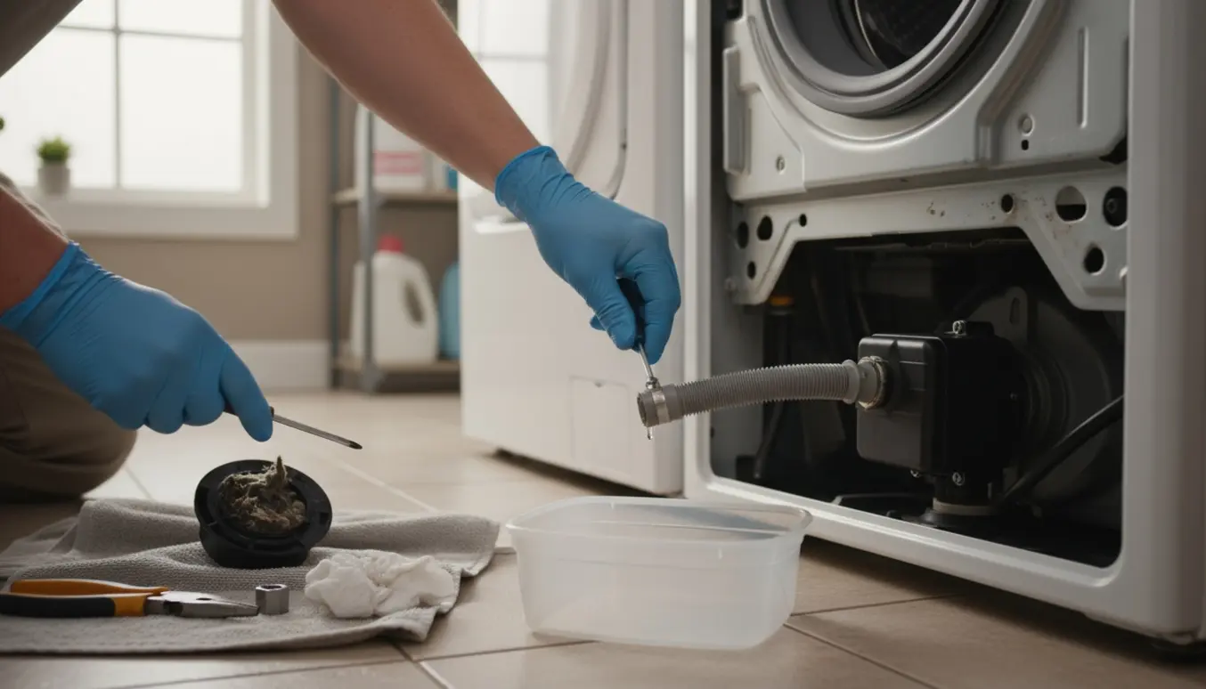 Nærbillede af en ældre frontbetjent vaskemaskine med åben bunddæksel, kort afløbsslange, værktøj og handsker under reparation.