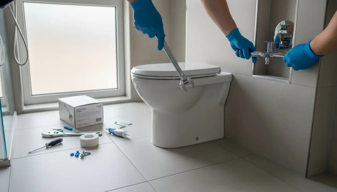 Nærbillede af hænder, der monterer nyt gulvtoilet og brusearmatur på et frisk flisegulv.