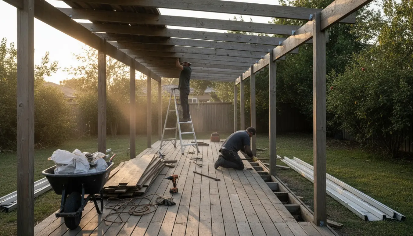 Nedtagning af overdækket træterrasse med eksponerede bjælker, trapezplader og afmonteret plast tagrende klar til bortkørsel.
