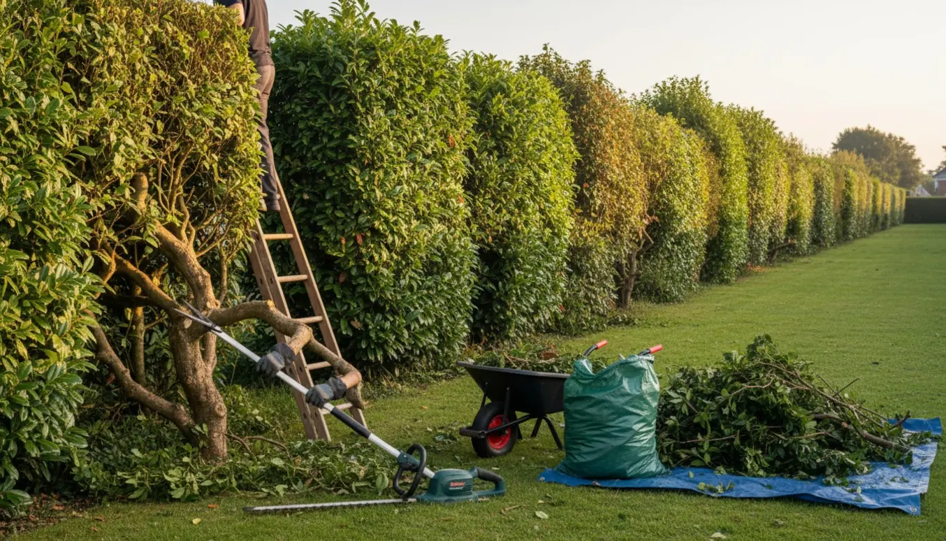 Lang, varieret hæk under beskæring med stige, grensav, trillebør og bunker af afklip.