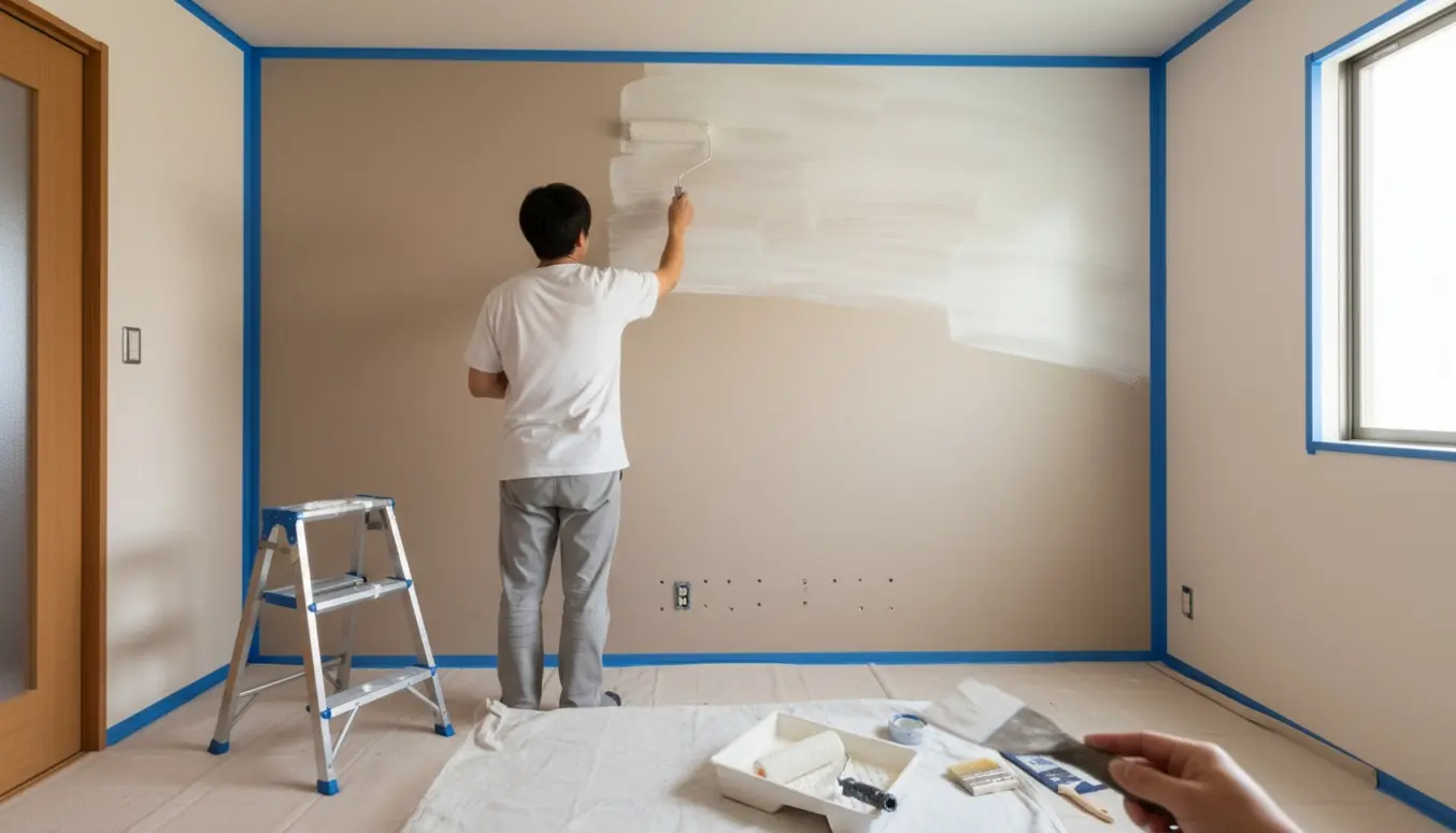 En maler med ryggen til maler væg i et lille kontorlokale med spartel, malerrulle og afdækningsplast på gulvet.