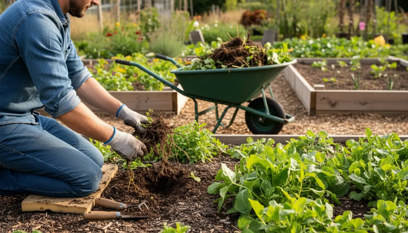En havegartner trækker ukrudt i et solrigt forhøjet bed, kun hænder og ryg er synlige.