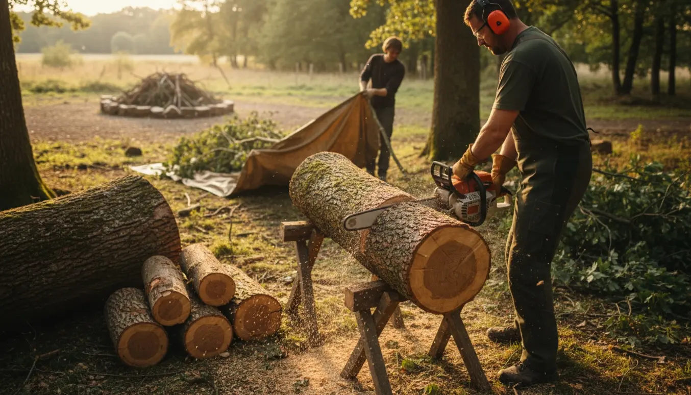 Egetræsstammer skæres i korte stykker med motorsav, og grene trækkes mod en bålplads i baggrunden.