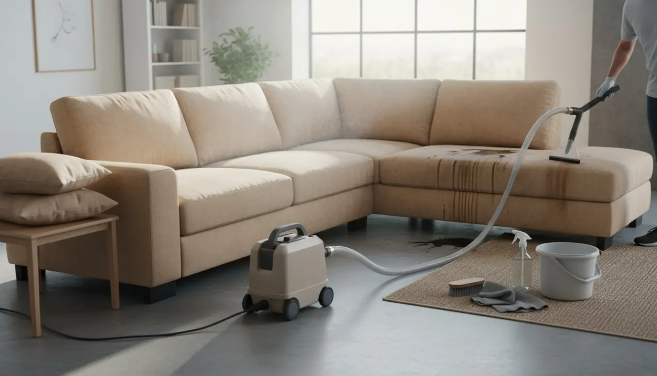 Stor hjørnesofa under grundig rens med synligt før‑og‑efterresultat og rengøringsudstyr ved siden af.