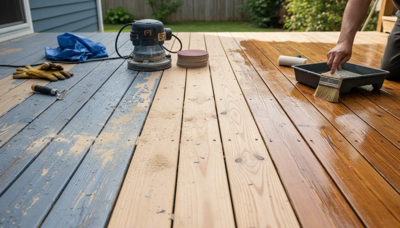 Træterrasse under slibning og efterbehandling med klar, holdbar olie og slibemaskine i baggrunden.