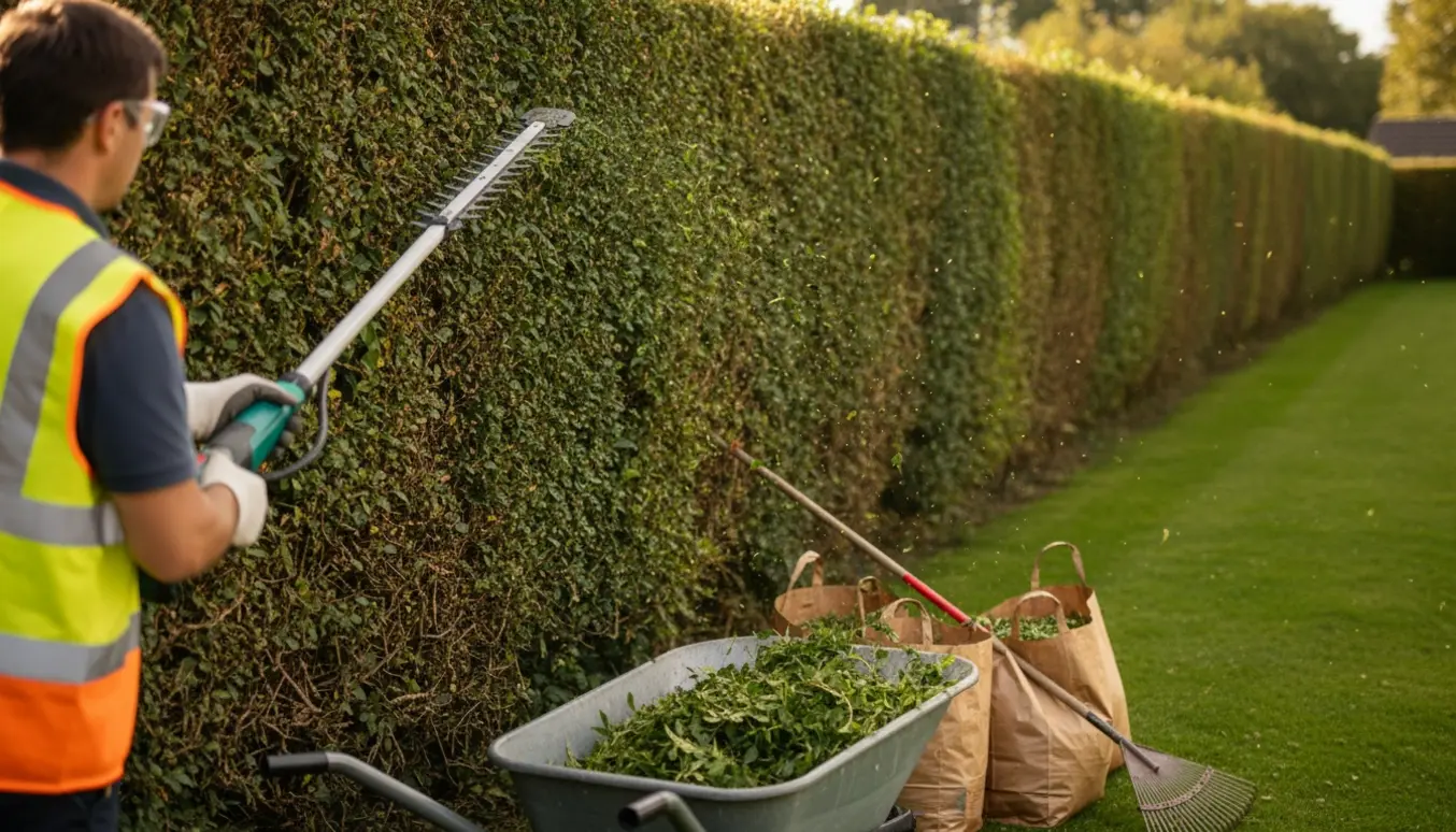 Hæk toppes langs en lang, 2 m høj hæk med trillebør og poser klar til afklip.