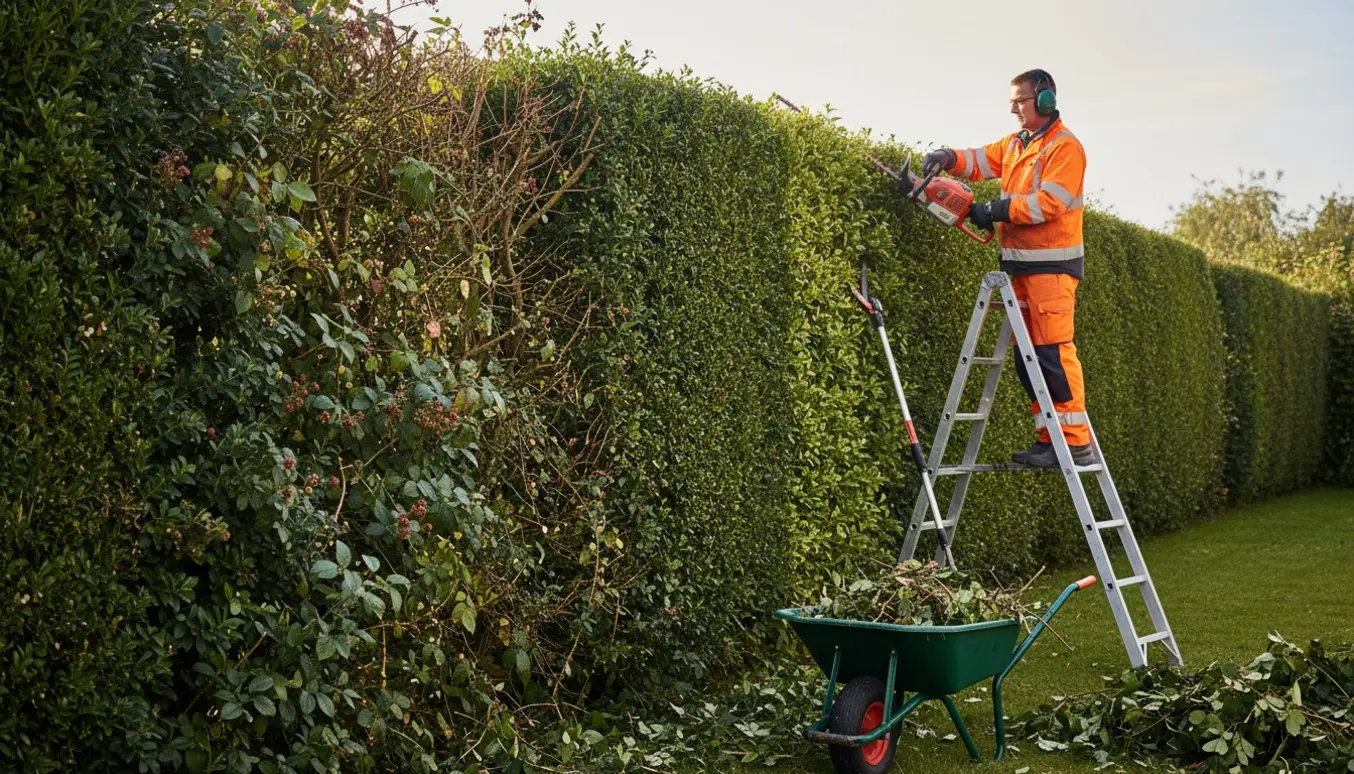 Håndværker trimmer en cirka 3 m høj og 10–12 m lang hæk med indvoksede brombær.