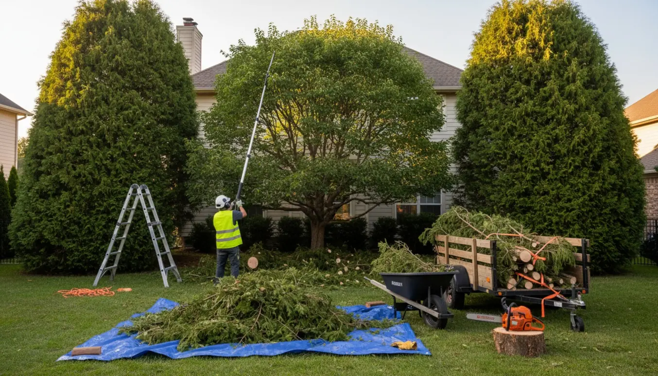 Gartner beskærer to høje thuja og et løvtræ i en villahave med afklippede grene og en trillebør klar til bortkørsel.