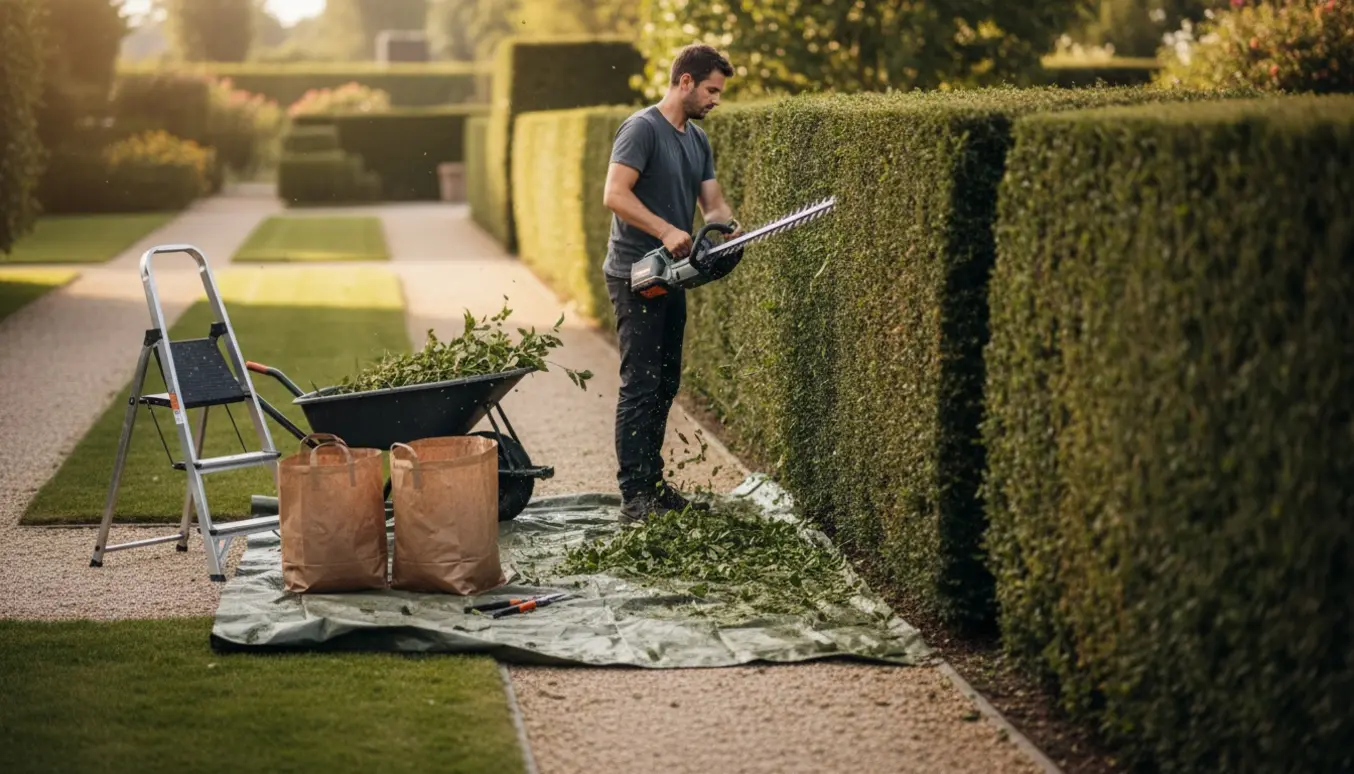 En lang hæk bliver klippet med en langstangs hækklipper, mens afklip samles i trillebør og affaldssække.