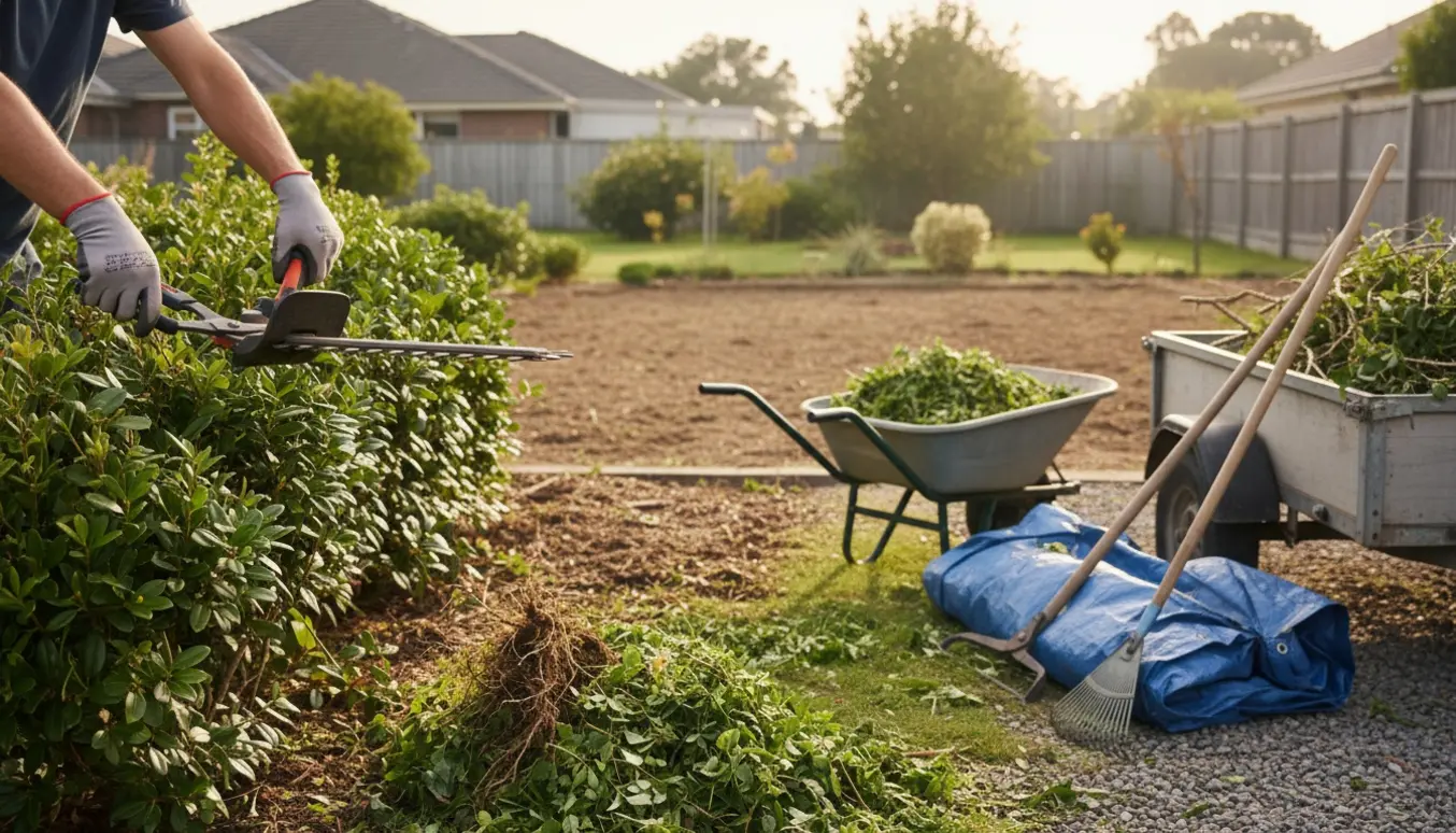 Hænder beskærer lave buske i en lille have med trillebør og bunker af afklip i morgensol.