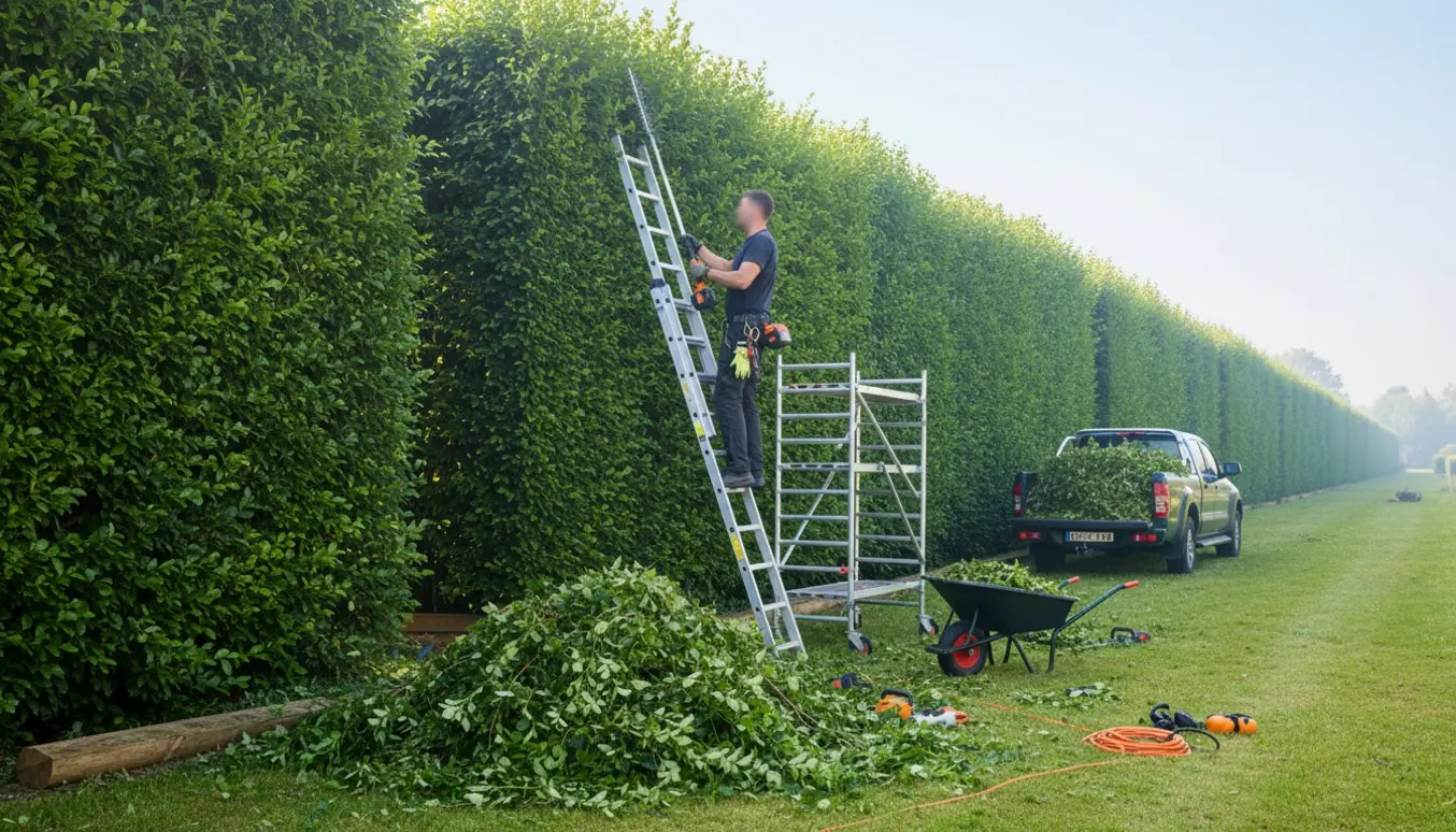 Håndværker klipper en lang, høj hæk fra en stige med værktøj og trailer til afklip i baggrunden.