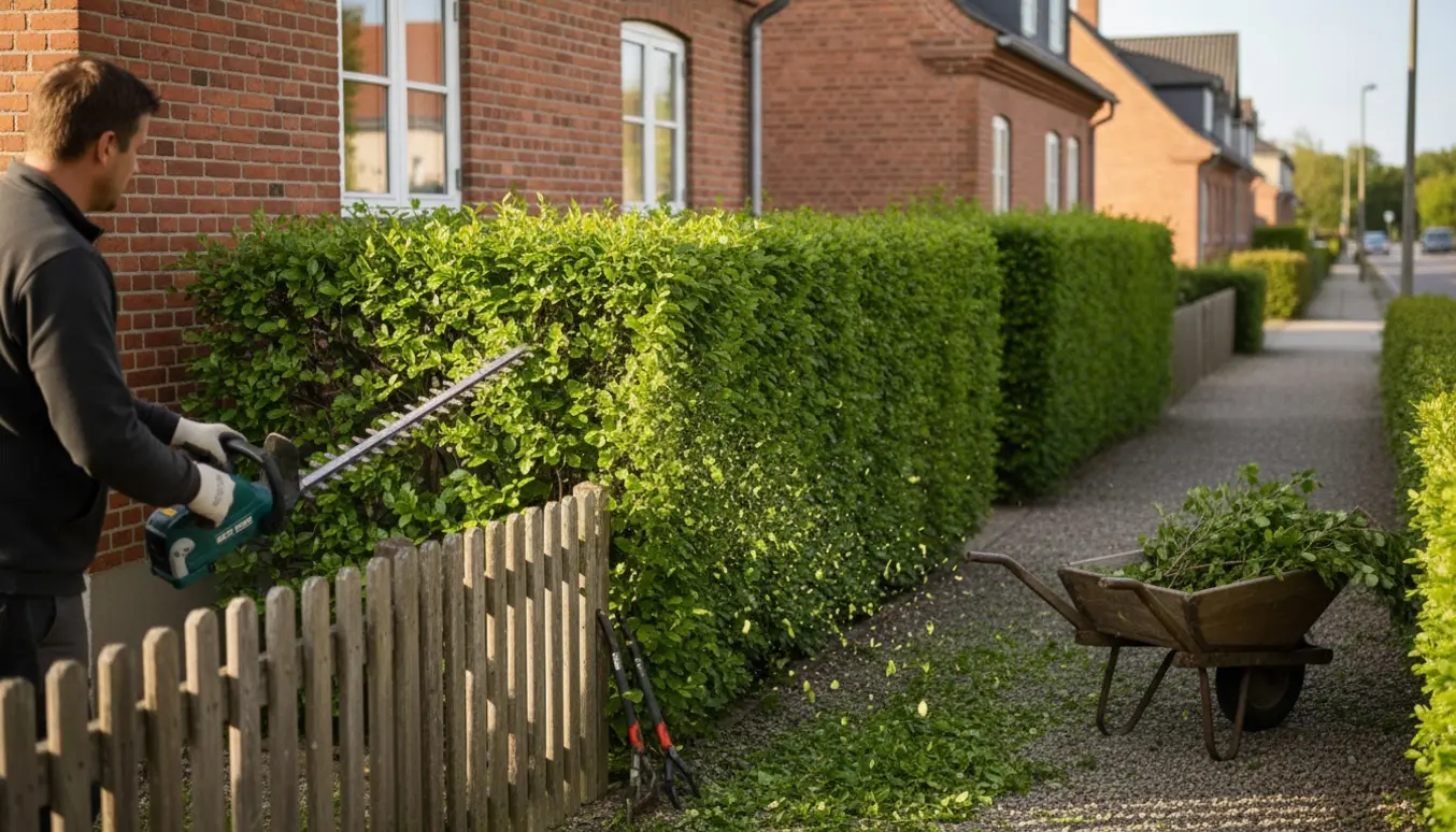 Bøgehæk ved et enderækkehus med hækkeklipper, trillebør og nyslåede kviste i morgensol.