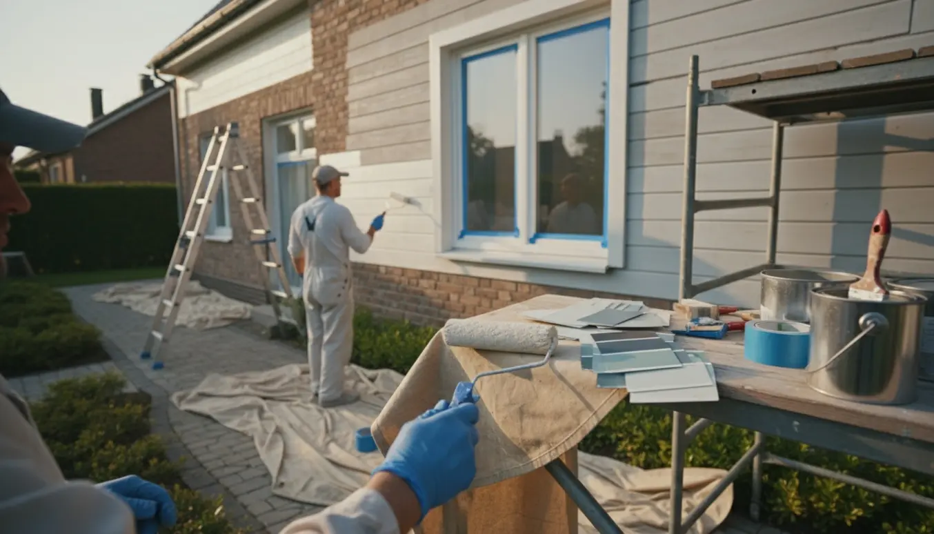 Husfacade under maling med rulle, farveprøver og værktøj i fokus.